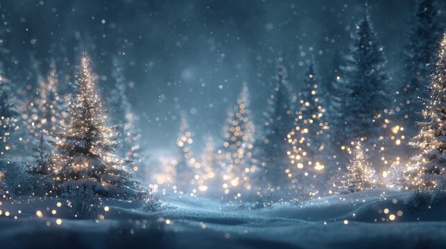 Snowy winter forest with glowing lights creating a magical holiday atmosphere in the evening hours - Powered by Adobe