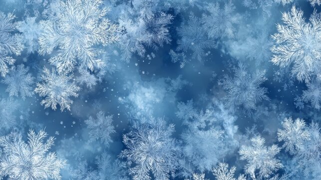 Beautiful snowflakes falling against a deep blue backdrop, creating a serene winter atmosphere in a chilly landscape