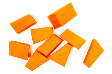 Raw muscat squash cubes isolated on white