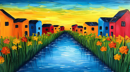 Colorful houses along a canal at sunset