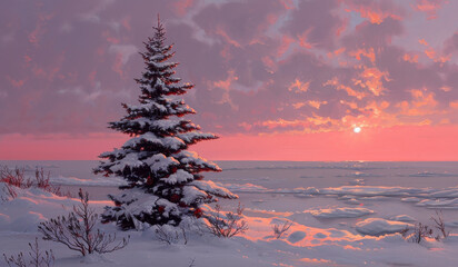 Snowy pine tree at sunset over icy landscape