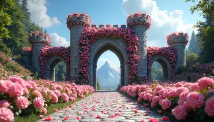 Naklejka premium Stone castle gate covered in pink climbing roses, with multiple towers, archways. Cobblestone path leads through blooming rose gardens. Snow mountain appears beyond main archway under blue sky.
