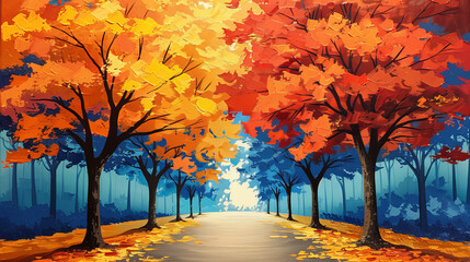Autumn forest path with vibrant orange and blue leaves