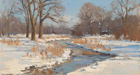 Winter Creek in Snowy Woodland