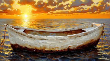Sunset boat on calm sea with textured painting style