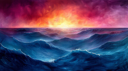 Vibrant ocean sunset over rolling waves