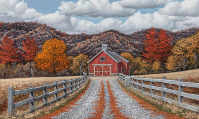 Autumn Farm Barn with Country Fence