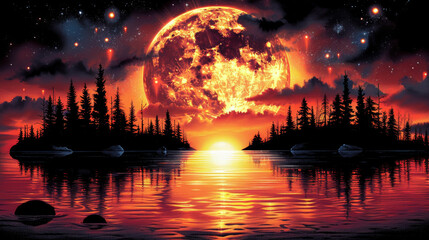 Fiery moonrise over lake with pine silhouettes
