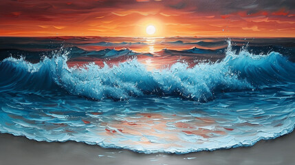 Ocean sunset with crashing blue wave