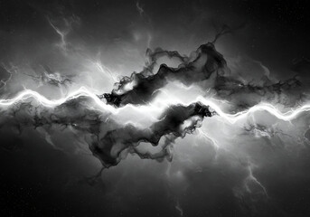 Obraz premium Dramatic Lightning Strike Illuminating Dark Storm Clouds in a Black and White Sky.