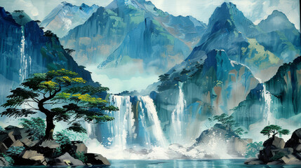 Mountain Waterfall Landscape with Pine Tree 