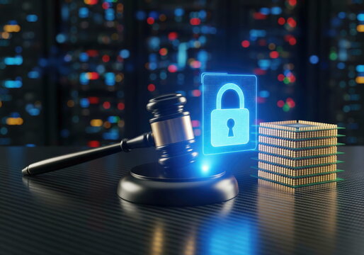 A judge's gavel next to a glowing padlock icon and CPU stack, symbolizing cyber law, data privacy regulation, and technology legislation.