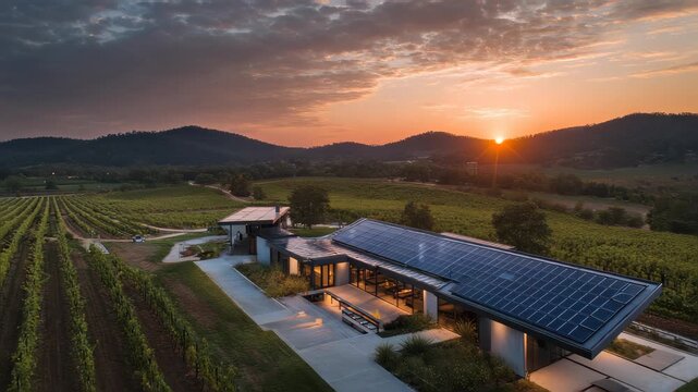 Modern winery with solar panels on the roof, surrounded by vineyards, showcasing sustainable architecture and eco-friendly energy solutions in a rural landscape during sunset