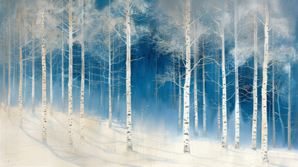 Winter Birch Forest in Snow and Mist
