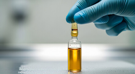 Macro shot of a glowing droplet in a modern pharmaceutical laboratory