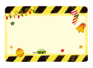Cute blank empty yellow black striped christmas xmas sticker tag template in under construction sign board hand drawn doodle crayon watercolour kids nursery illustration vector digital sticker clipart