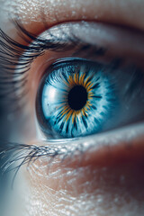 A macro close-up of a cool blue eye with dynamic radial patterns, illuminated with soft diffused light to reduce harsh contrast, shallow depth ensuring the iris is the main focal point,