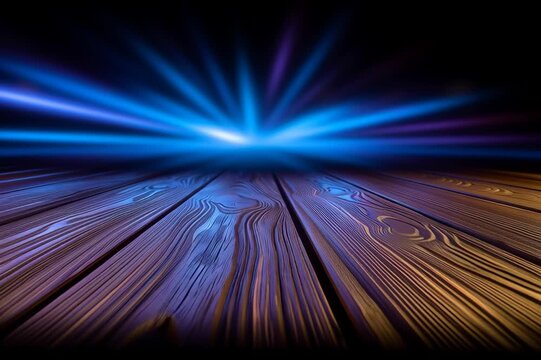 Wooden floor texture with blue light and warm light beams creating radiant positivity and vibrant dramatic atmosphere for performance event