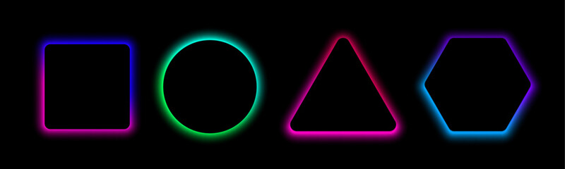 Pentagons, circles, and squares rise through a deep neon haze. Their edges shine with bright laser tones. This illustration adds motion and energy to posters and digital backgrounds.