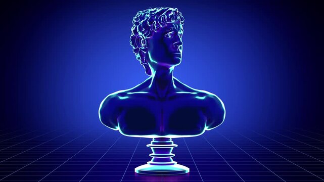 Funny animated David statuette on blue background - 3D 4k format (3840 x 2160 px). 