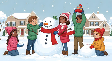 Children Building Snowman in Winter Scene