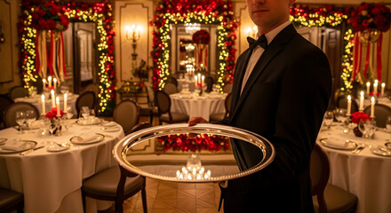 Elegant Waiter with Reflective Silver Tray