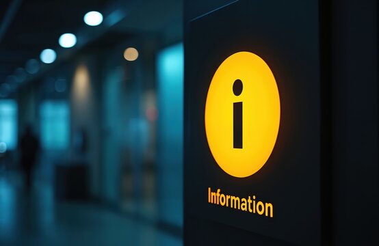 Illuminated information sign indoors. Bright yellow glowing info symbol on dark wall. Directional signage in modern building provides guidance to people. Useful service available.