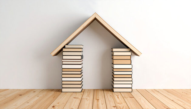 House made of books on wooden floor creative concept.