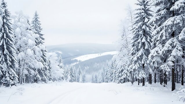 Snowy Forest Landscape with Evergreen Trees and Mountains
