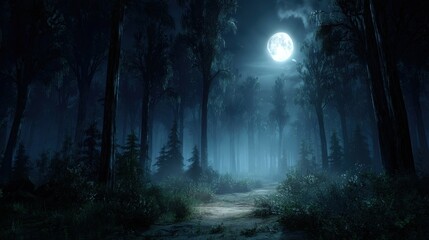 Fototapeta premium Bright full moon illuminates a mysterious, foggy pathway winding through a dense, dark forest.