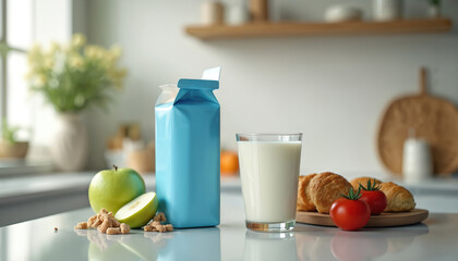 Fresh milk served with snacks on table. Glass of milk with apple and tomatoes with croissants. Dairy product concept. Healthy eating. Nutritious breakfast. Morning meal for family.