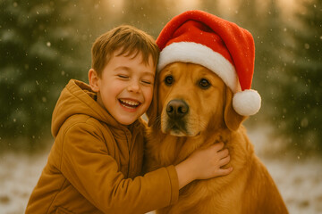 Child Hugging Dog with Santa Hat