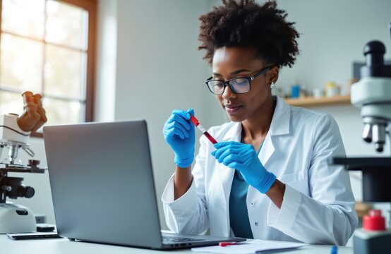 Black woman scientist in lab coat, blue gloves holds blood sample tube near laptop. Works with medical equipment in bright modern laboratory, studying research. Female technician analyzes test result. - Powered by Adobe