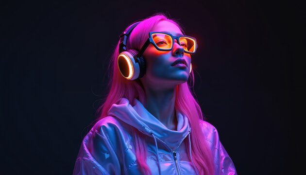 Young woman with bright pink hair wears futuristic glasses, headphones. She listens to music with vibrant blue, violet neon lights illuminating her. This portrait captures modern, stylish aesthetic.