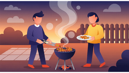 outdoor barbecue illustration with two people grilling food in warm social setting with trees and table

