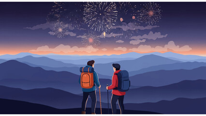 hikers watching fireworks over twilight mountain landscape with backpacks and walking sticks
