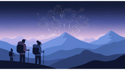 hikers watching fireworks over twilight mountain landscape with backpacks and walking sticks
