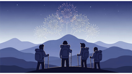 hikers watching fireworks over twilight mountain landscape with backpacks and walking sticks
