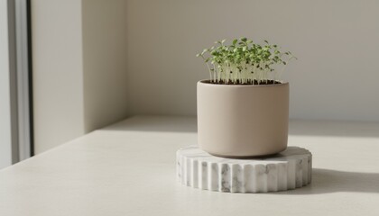 Fototapeta premium Small sprouts growing in minimalist pot on bright windowsill symbolizing new beginning, sustainability, home gardening and mindful lifestyle