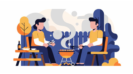 outdoor barbecue illustration with two people grilling food in warm social setting with trees and table
