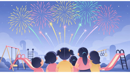 children watching fireworks in nighttime playground celebration scene