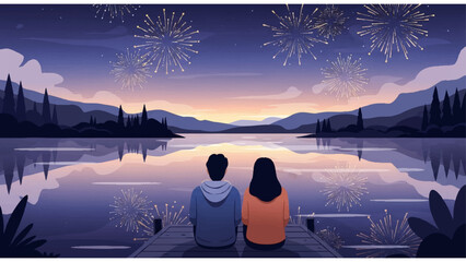romantic fireworks illustration with two people sitting by lake under starry dusk sky and mountain view

