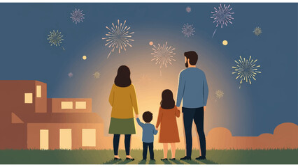 family watching fireworks illustration in nighttime neighborhood with warm lights and festive sky
