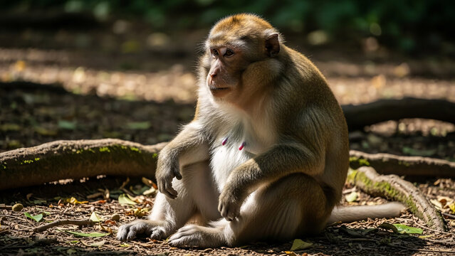 Thoughtful female monkey resting in the forest, contemplating life with a serene expression, wildlife portrait in natural habitat
