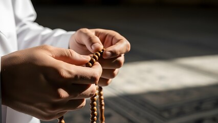 Hands holding a tasbih, a string of prayer beads commonly used in Islamic devotion, indoors