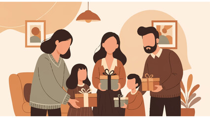 family gift exchange illustration in cozy living room with soft earthy tones and warm decor
