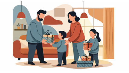 family gift exchange illustration in cozy living room with soft earthy tones and warm decor
