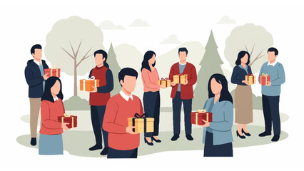 outdoor gift exchange illustration with diverse group in park setting under blue sky and trees
