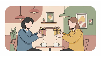 gift exchange illustration in cozy indoor setting with modern decor and warm social interaction