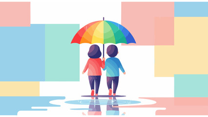 rainy day illustration with two people sharing rainbow umbrella in front of abstract pastel backdrop